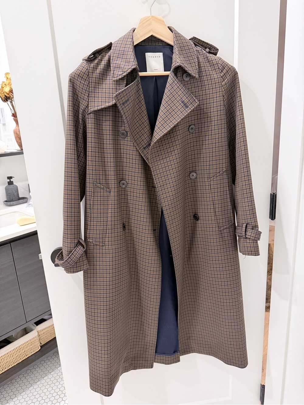 Sandro Brown Checked Double-Breasted Trench Coat